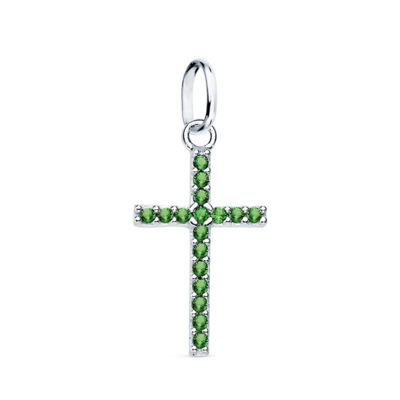 Cruz de oro blanco con circonita verdes