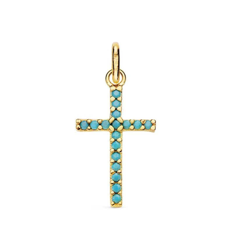 Cruz de oro amarillo piedras turquesas