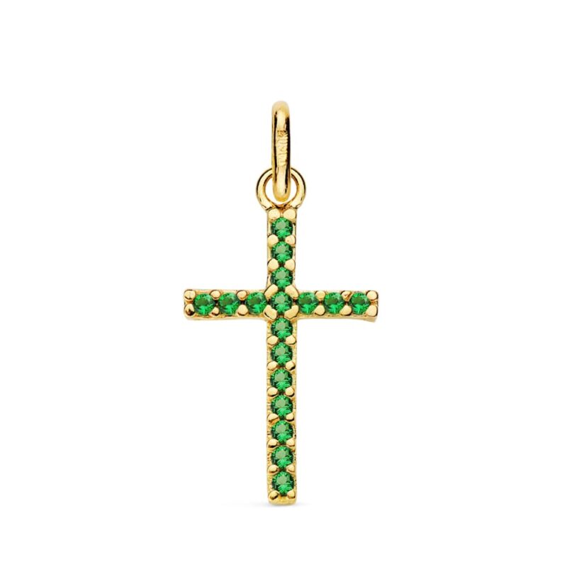 Cruz de oro amarillo con circonitas verdes