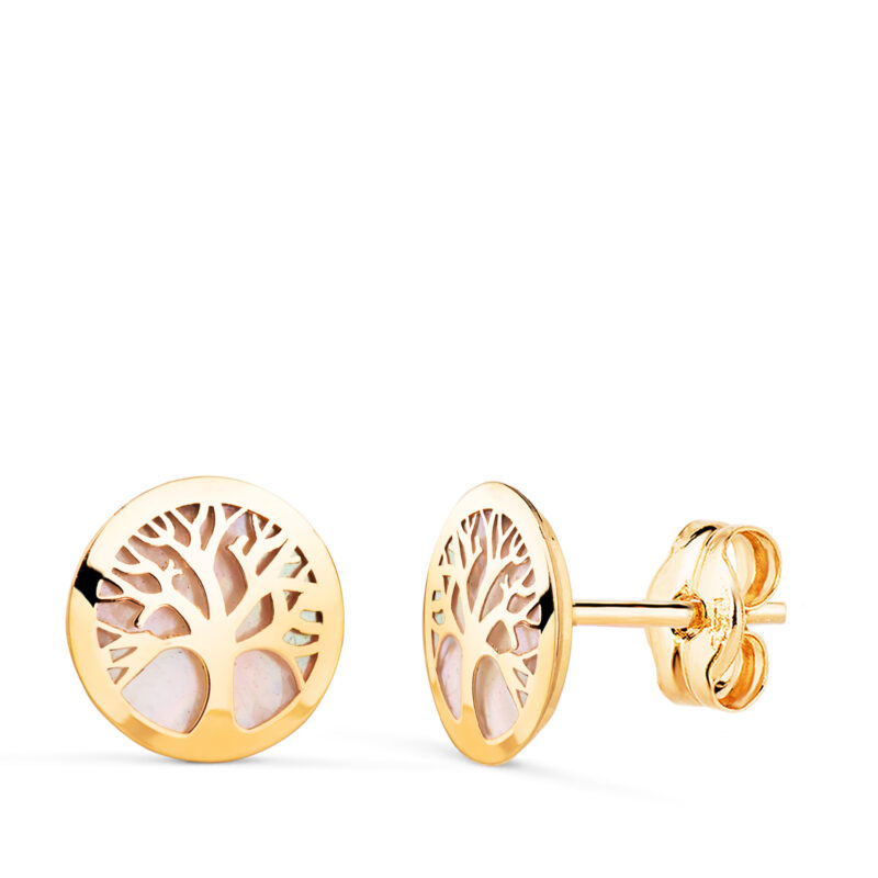 Pendientes de oro amarillo arbol de la vida con nácar