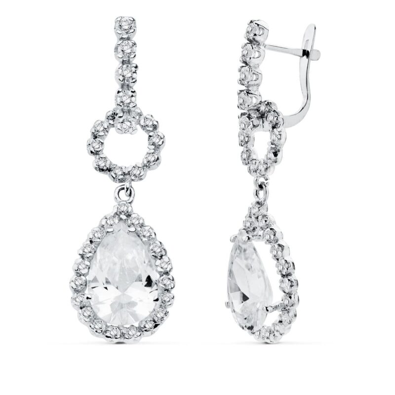Pendientes de oro blanco con círculo y lágrima de circonitas