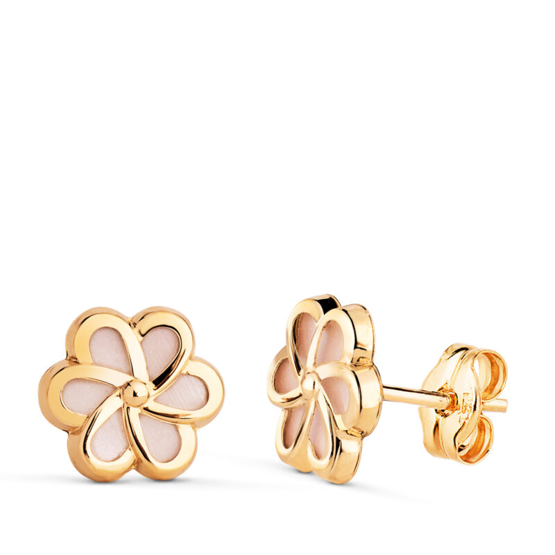 Pendientes de oro amarillo con flor de nácar y pétalos calados