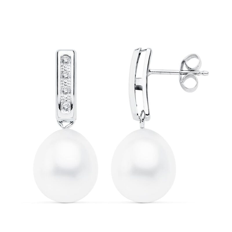 Pendientes de oro blanco con circonitas baguette y perla