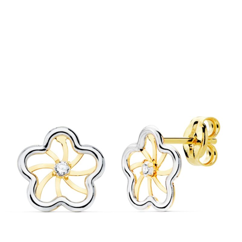 Pendientes de oro bicolor flor y circonita