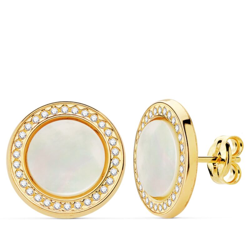 Pendientes de oro amarillo redondos circonita y nácar