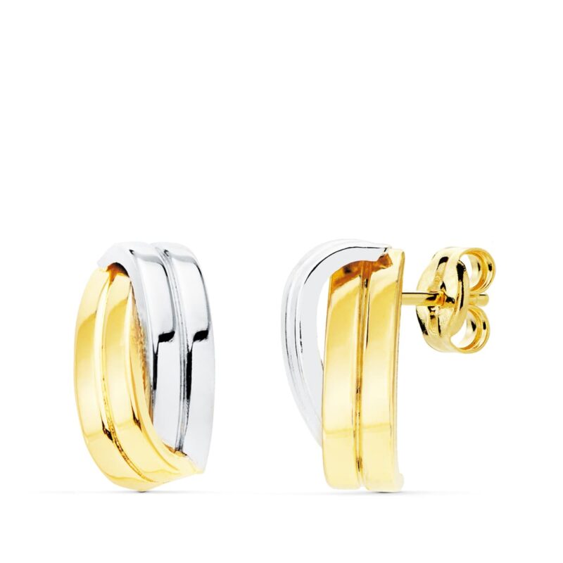Pendientes de oro bicolor bandas lisas. cierre de