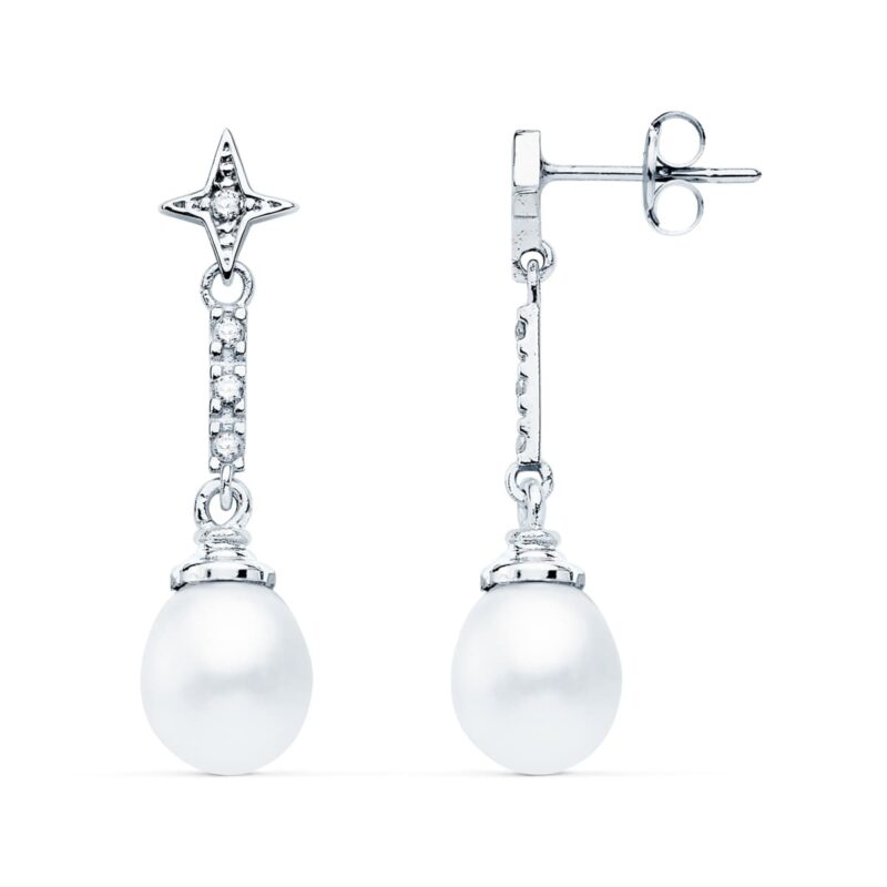 Pendientes de oro blanco con estrella y perla colgante