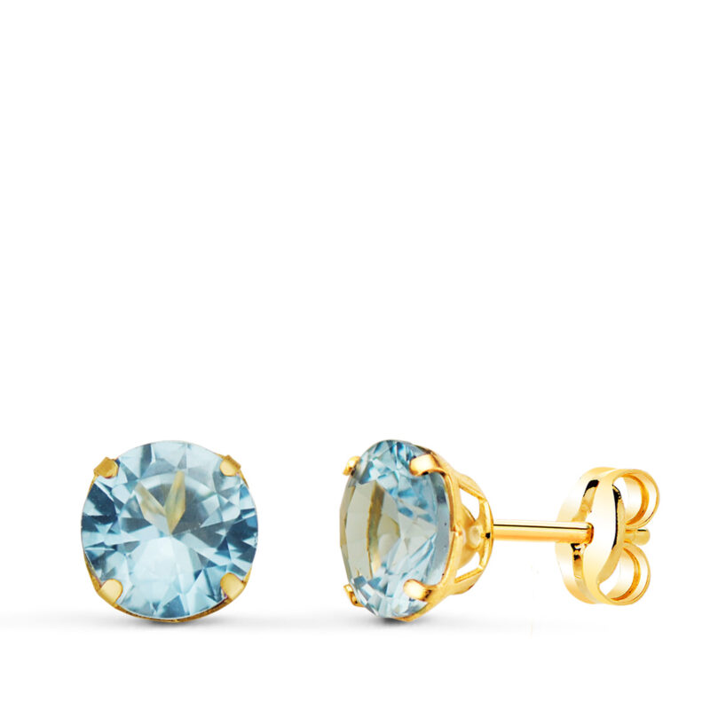 Pendientes de oro amarillo con piedra redonda de color en garras