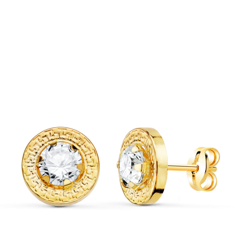 Pendientes de oro amarillo cerco greca y circonita garras