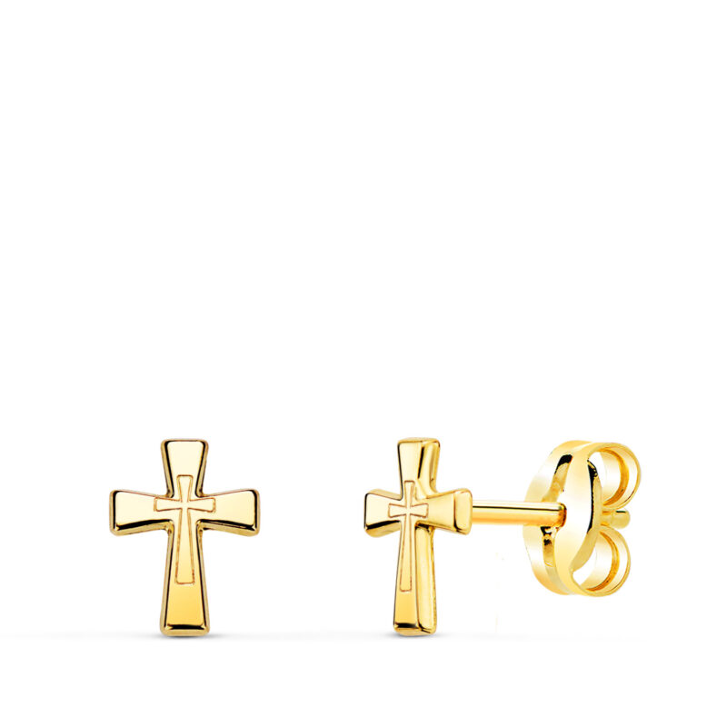 Pendientes de oro amarillo con cruz latina lisa