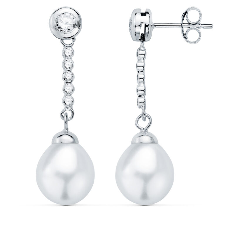 Pendientes de oro blanco con chatón y perla redonda colgante