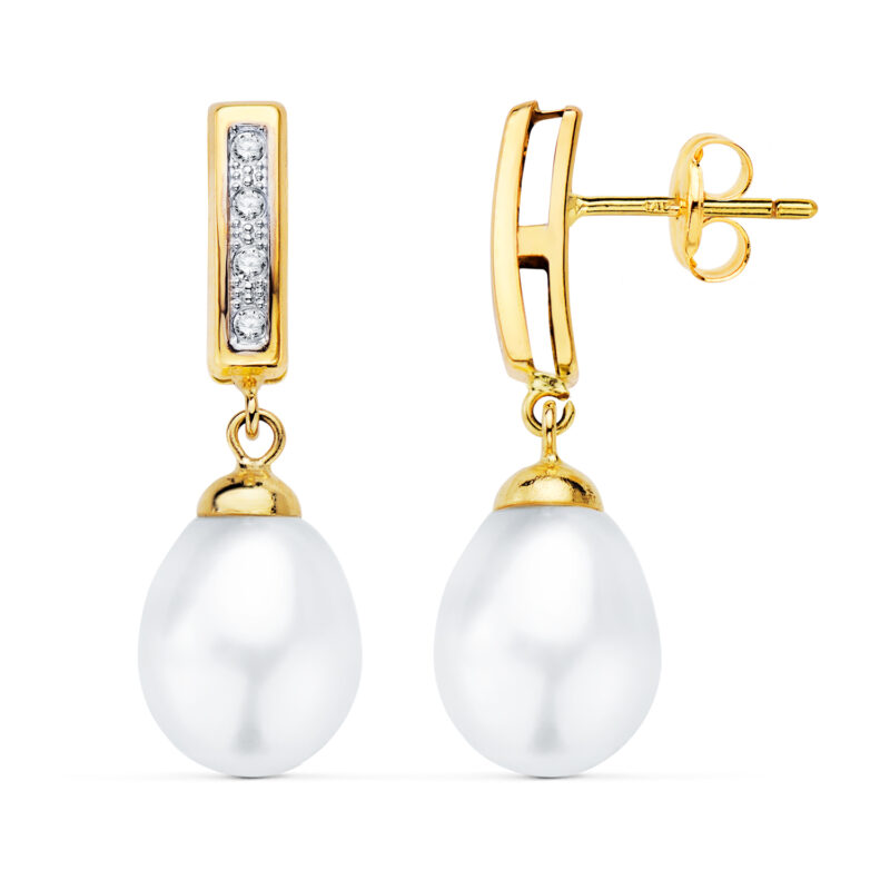 Pendientes de oro bicolor con barra rectangular y perla
