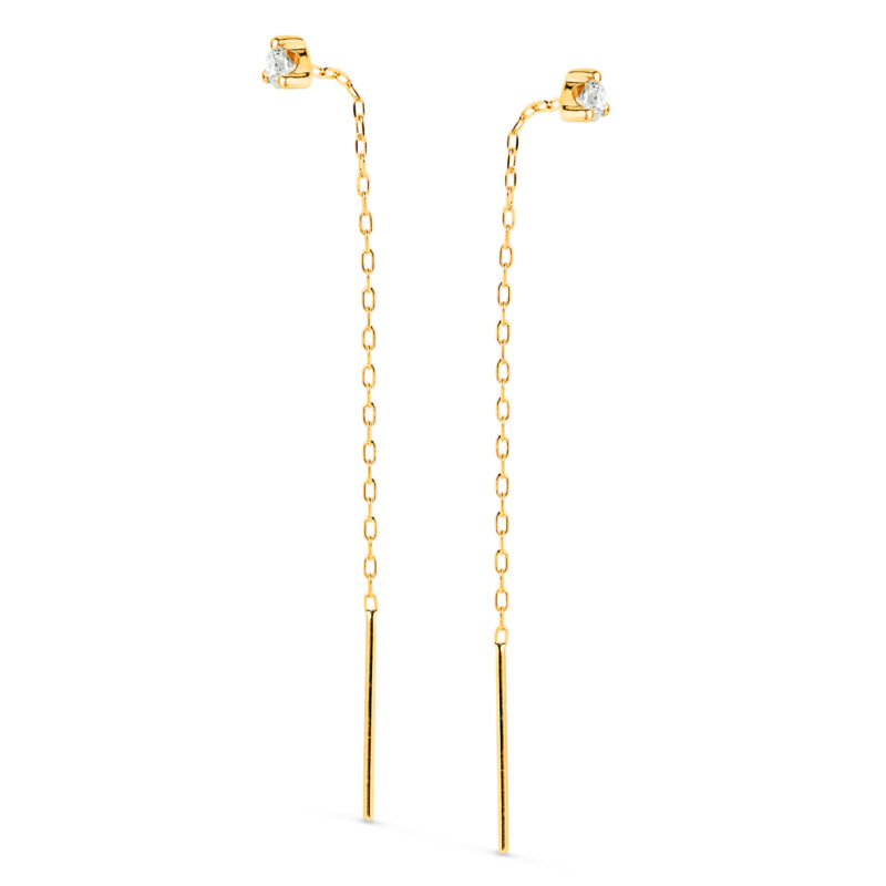 Pendientes de oro amarillo con circonita garras y cadena