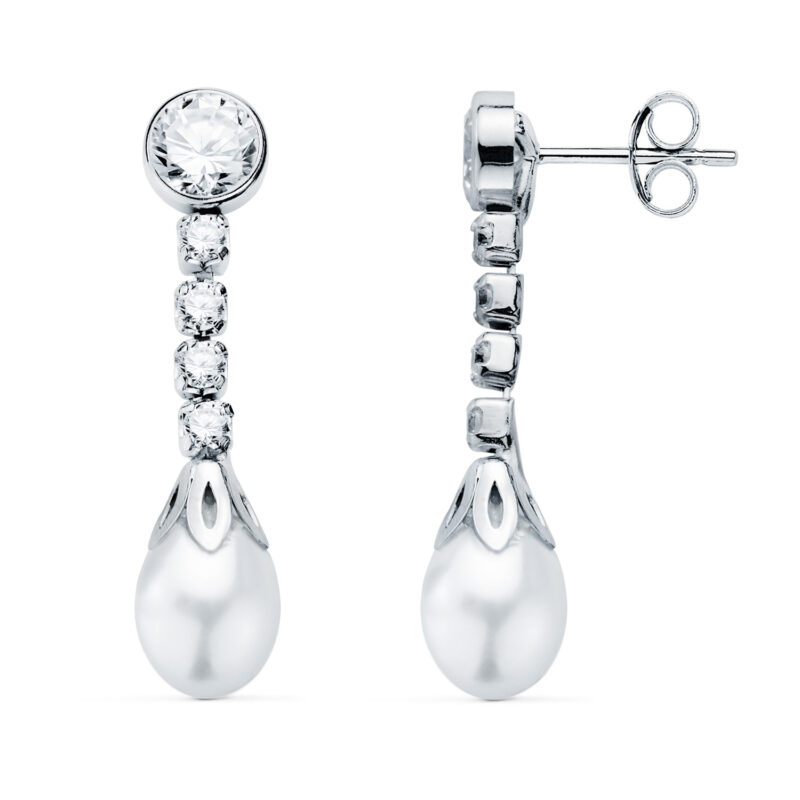 Pendientes de oro blanco con chatón y perla en lágrima