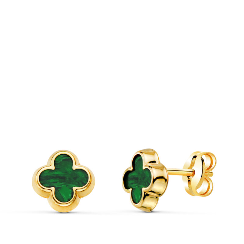 Pendientes de oro amarillo trébol con malaquita