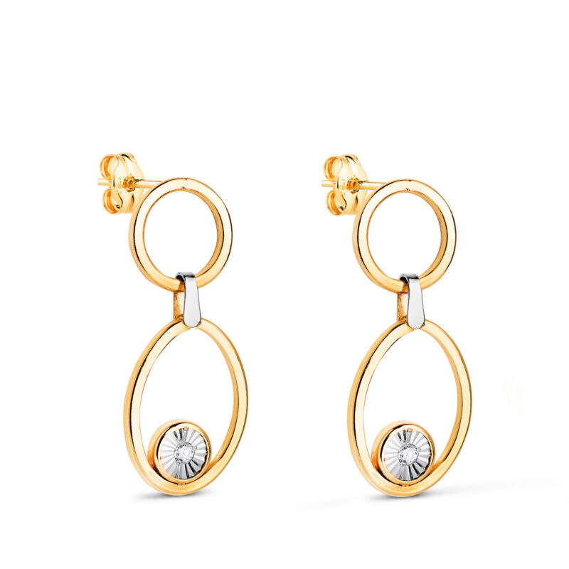 Pendientes de oro bicolor largos dos aros con circonitas