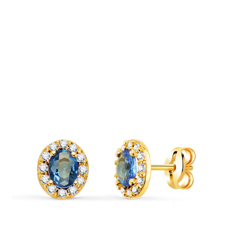 Pendientes de oro amarillo piedra oval de color y circonitas