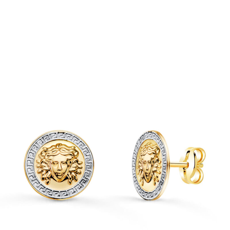 Pendientes de oro bicolor medusa y borde de greca