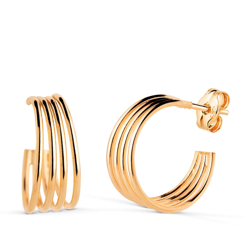 Pendientes de oro amarillo aros huecos abiertos 4 bandas en brillo