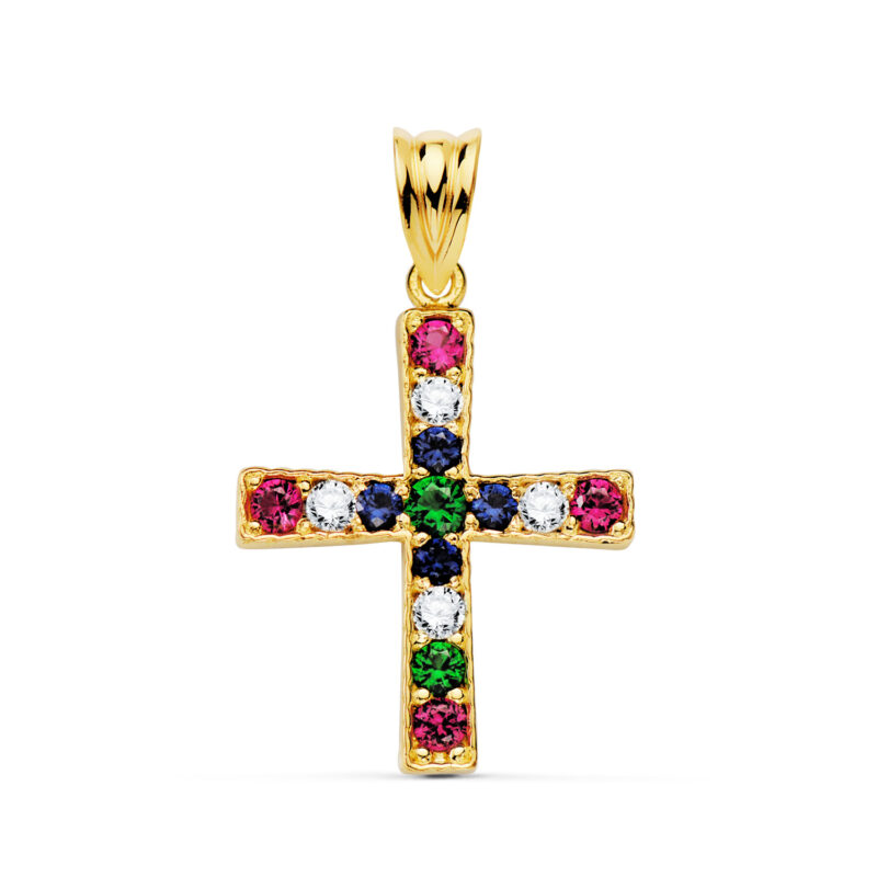 Cruz de oro amarillo con circonita colores redondas