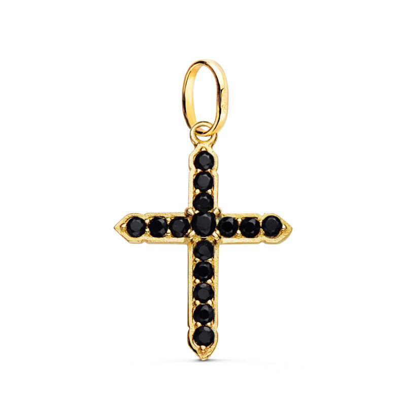 Cruz de oro amarillo con 15 circonita negras en garras