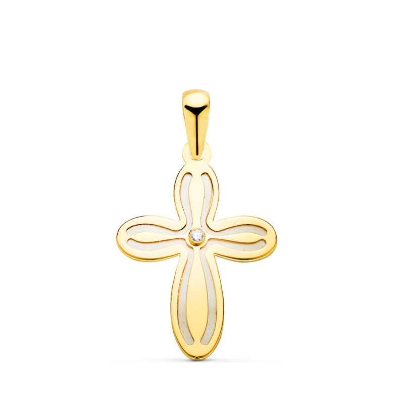 Cruz de oro amarillo con nacar y circonita