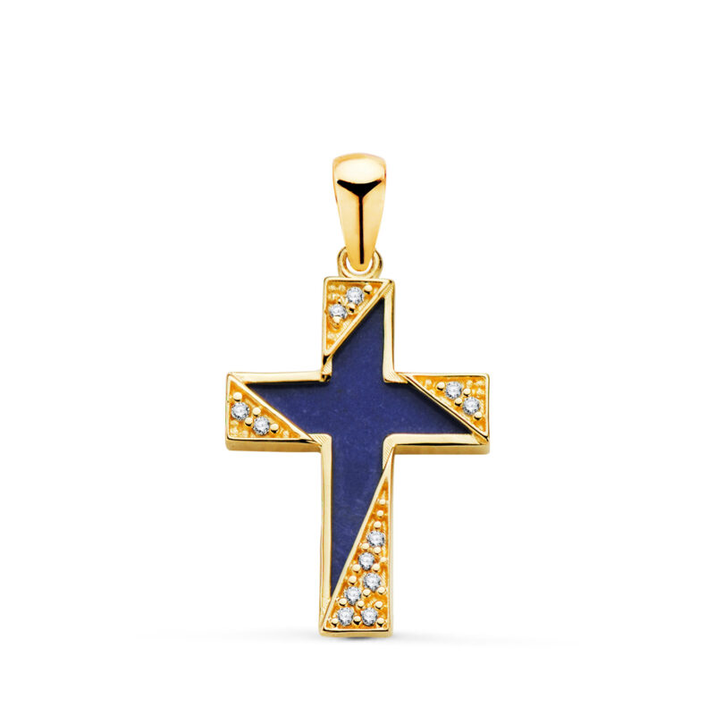 Cruz de oro amarillo lapizlazuli detalles con circonitas