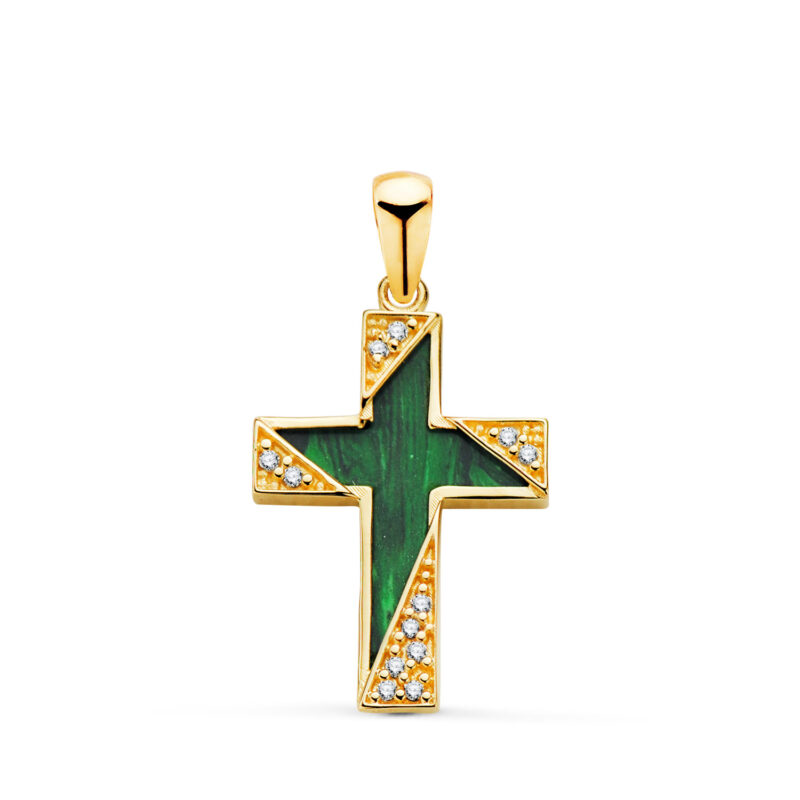 Cruz de oro amarillo malaquita detalles con circonitas