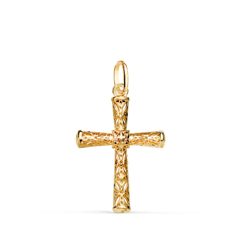 Cruz de oro amarillo calada detalles filigrana tubo oval
