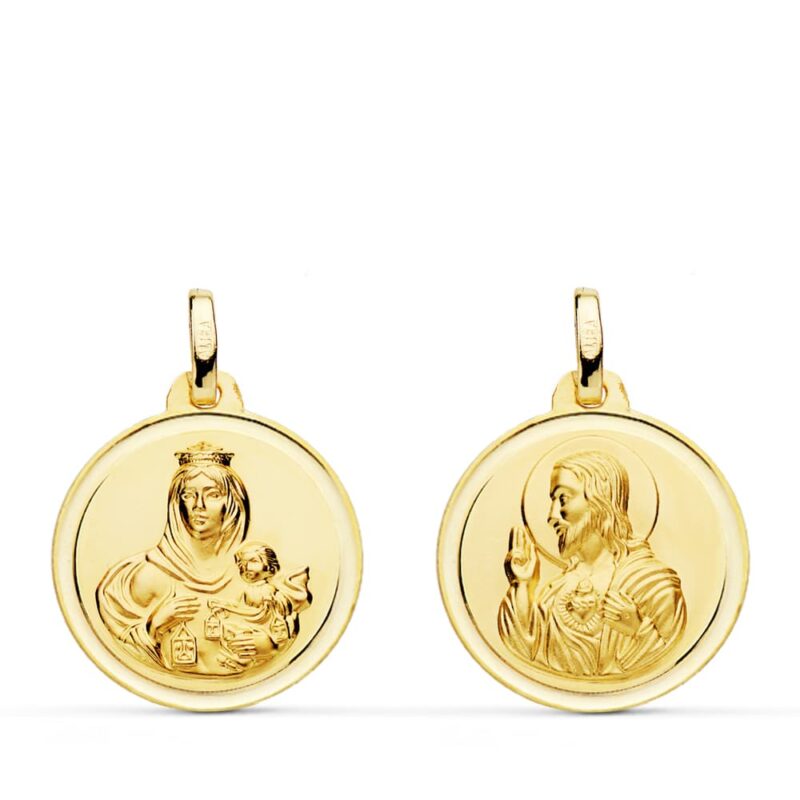 Escapulario de oro amarillo bisel oro amarillo Virgen del Carmen corazón de Jesús