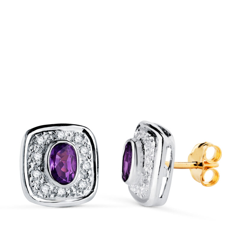 Pendientes de oro bicolor cuadrados con amatista y circonitas
