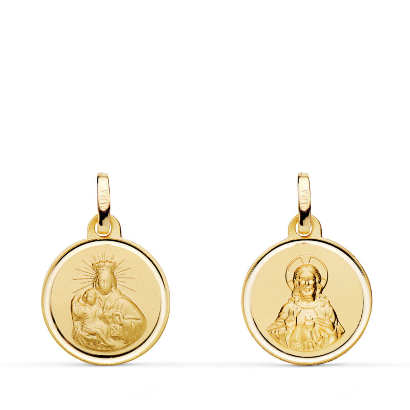 Escapulario de oro amarillo Virgen Carmen y corazón de Jesús en bisel. medida: