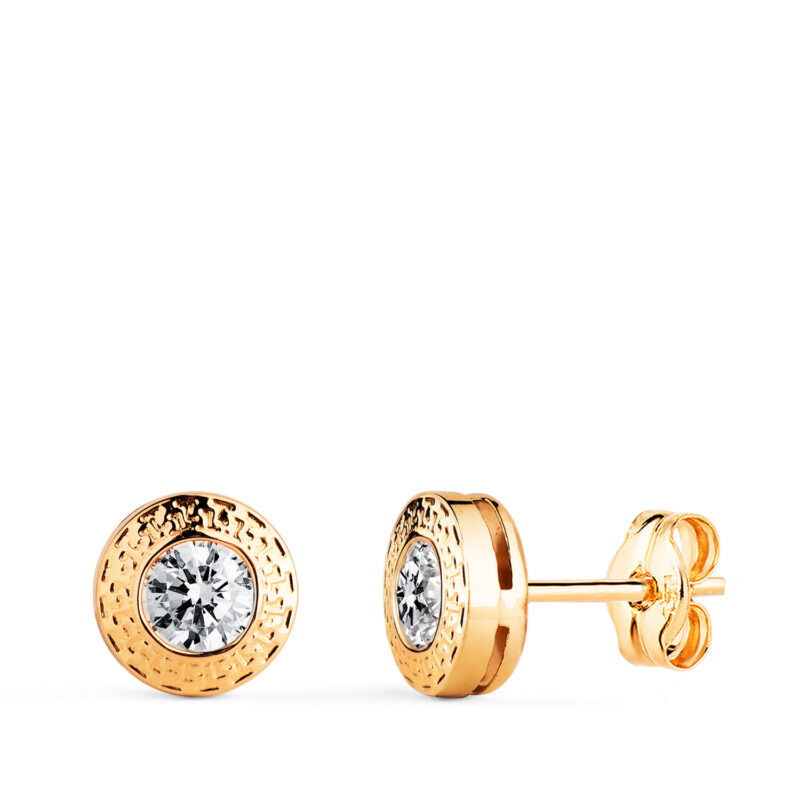 Pendientes de oro chaton redondos con greca y circonita