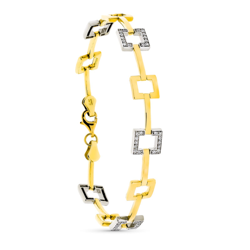 Pulsera de oro bicolor cuadrados con circonita