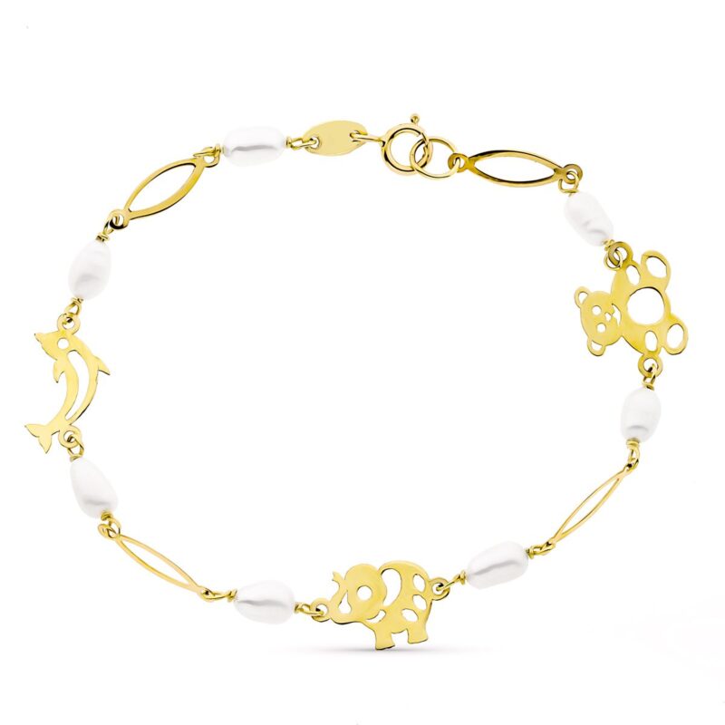 Pulsera de oro amarillo y perla con motivos animales