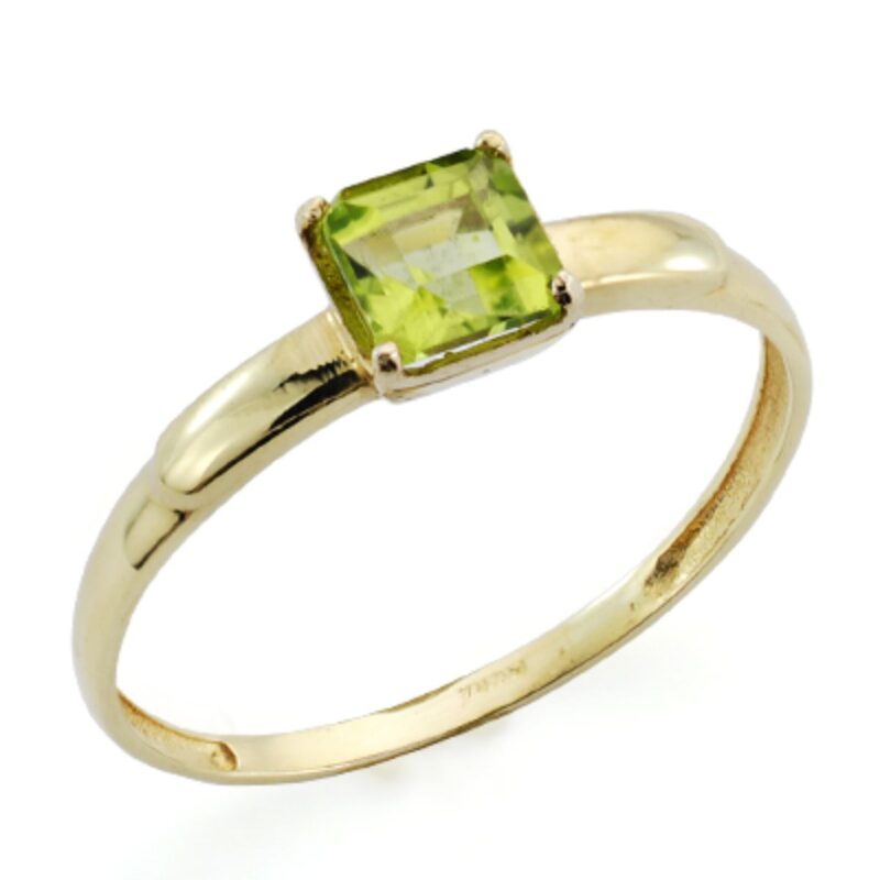 Solitario de oro amarillo olivina cuadrada en garras