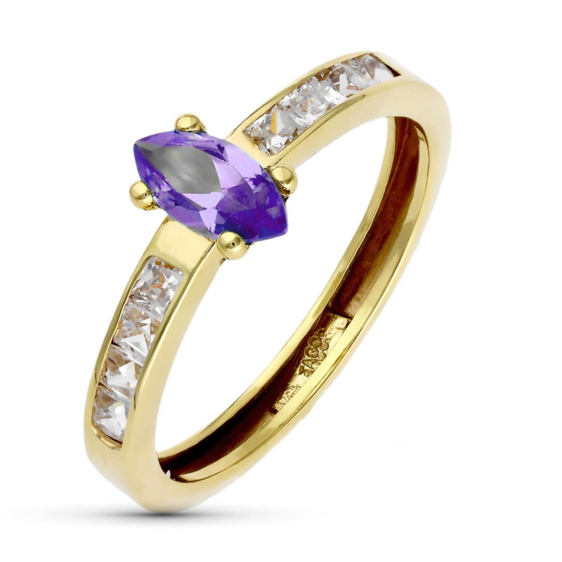 Sortija de oro amarillo circonita amatista marquise y circonitas en carril
