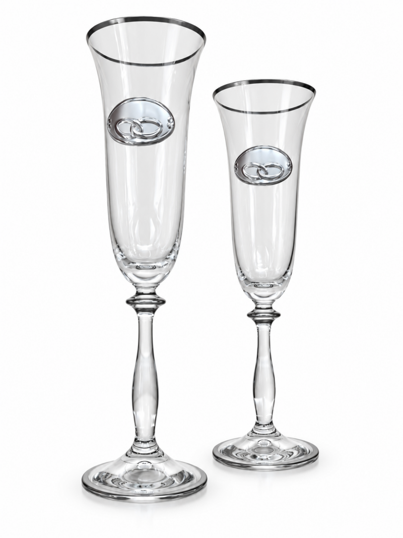 Copas de boda con alianzas y borde de tono plateado