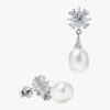 Pendientes de plata con perla blanca y flor de circonitas tipo lágrima