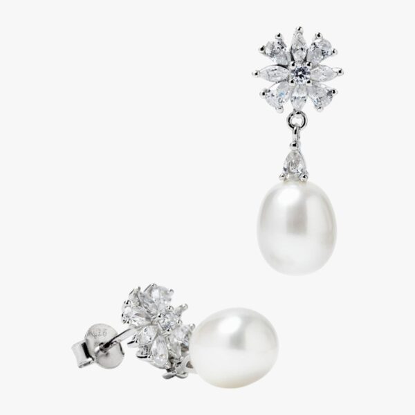 Pendientes de plata con perla blanca y flor de circonitas tipo lágrima