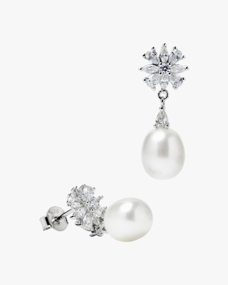 Pendientes de plata con perla blanca y flor de circonitas tipo lágrima