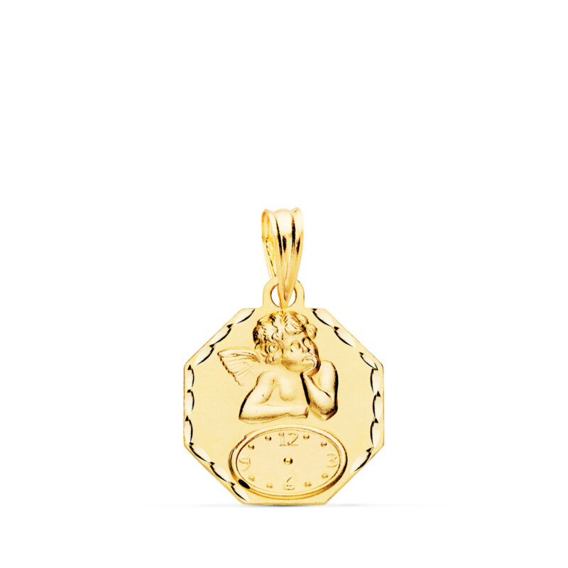 Medalla de oro amarillo octogonal angelito burlón con reloj tallada 15 × 15 mm