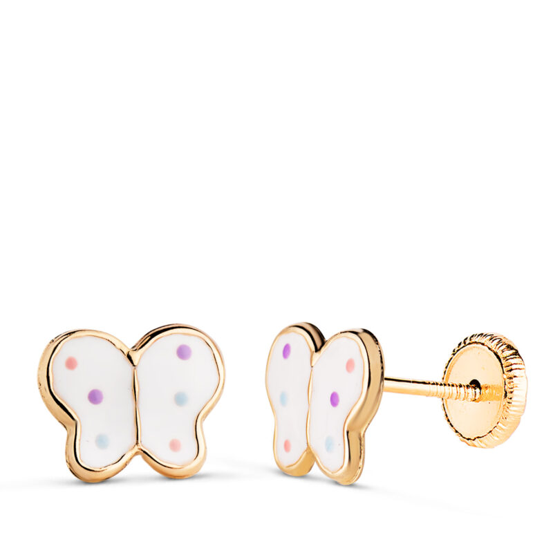 Pendientes de oro amarillo mariposas esmalte blanco