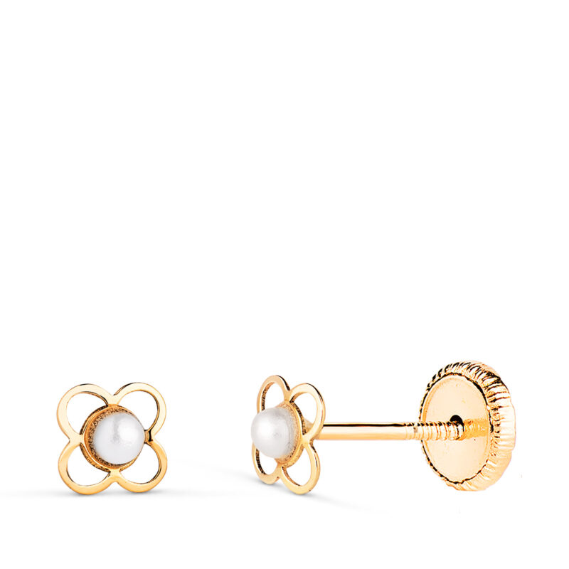Pendientes de oro amarillo trébol calado con perlita 2 mm