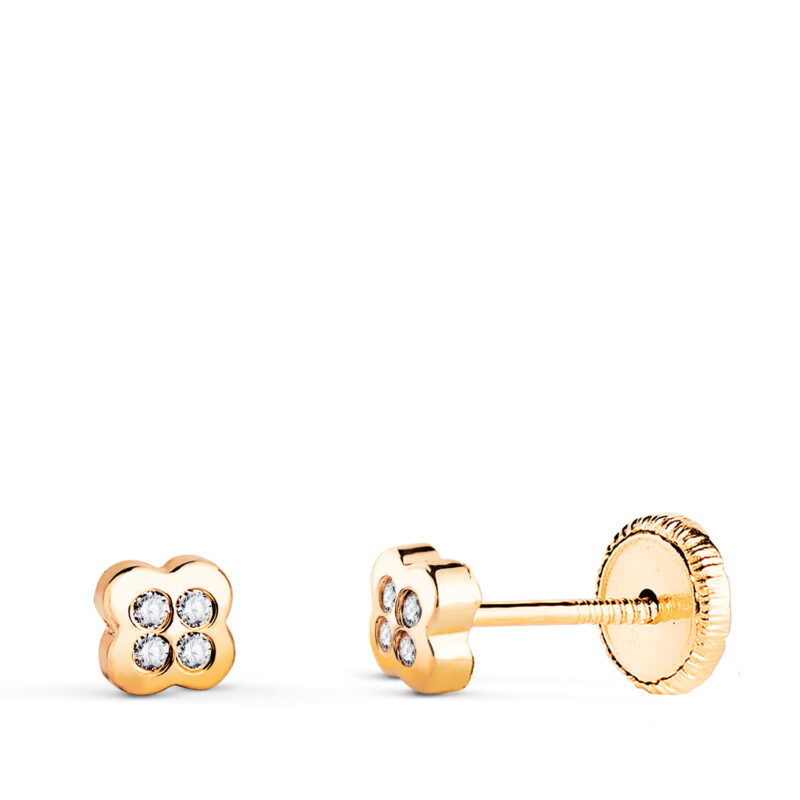 Pendientes de oro amarillo trébol con circonitas