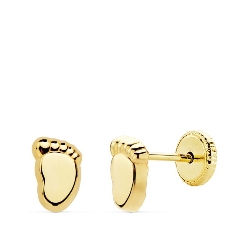 Pendientes de oro amarillo pie bebé liso 6.5 × 4 mm cierre tuerca