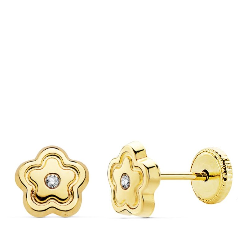 Pendientes de oro amarillo flor circonita 6 × 6 mm cierre tuerca