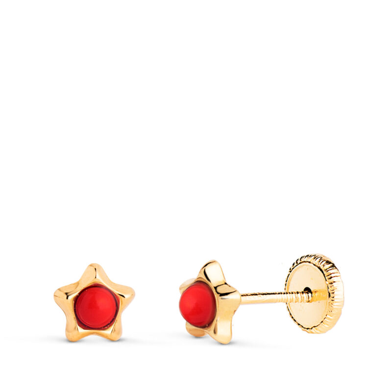 Pendientes de oro amarillo estrella con coral de 2,4 mm