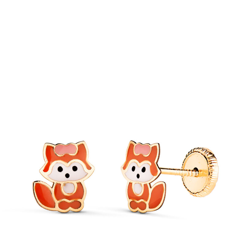 Pendientes de oro amarillo zorro esmaltado