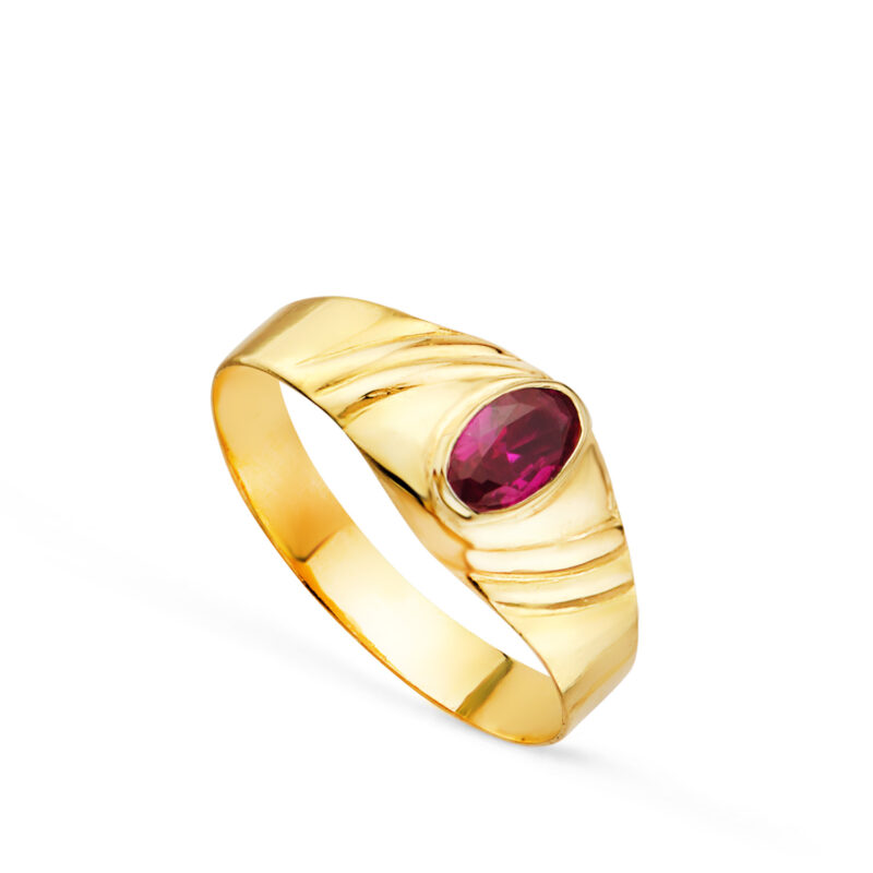 Solitario de oro amarillo pequeño bebé o meñique circonita roja ovalado 5 × 3 mm